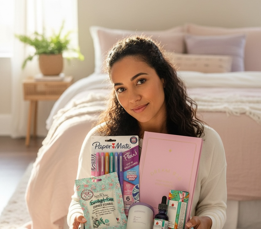 A GenGlow Box subscriber holding the contents of her seasonal box