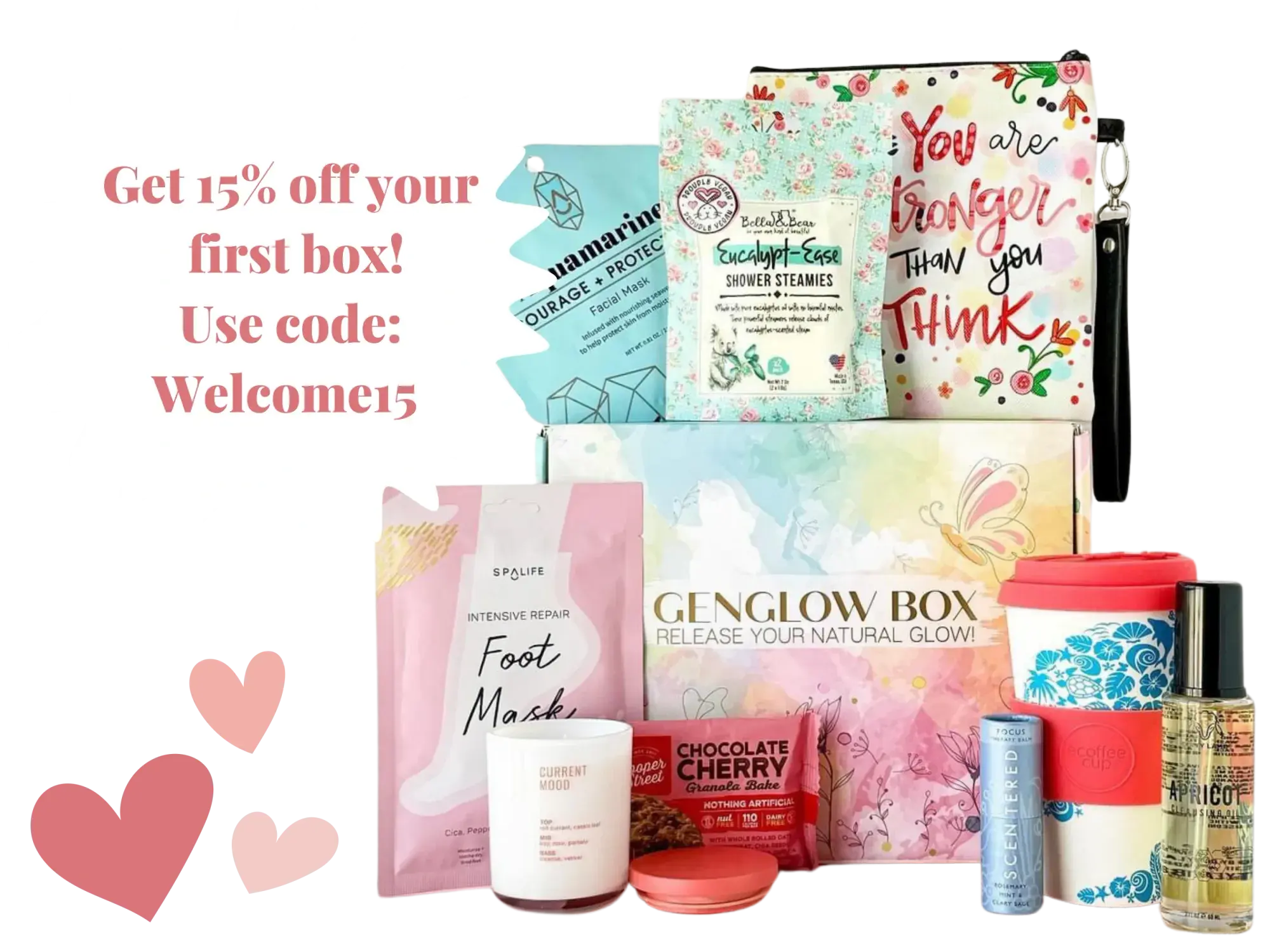 A GenGlow Box surrounded by its seasonal contents — shower steamies, a foot mask, a candle, a reusable cup and body oil. Get 15% off your first box with code Welcome15.