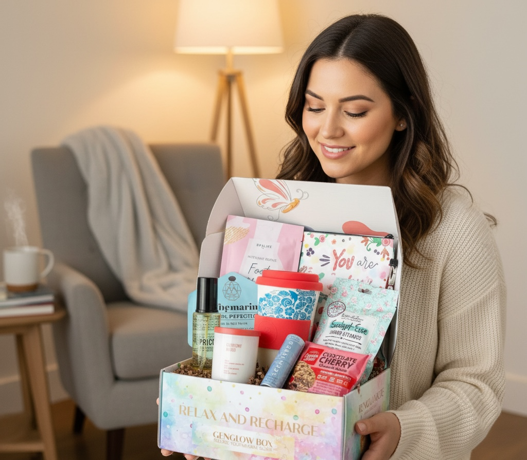 A GenGlow Box subscriber opening her seasonal self-care box at home