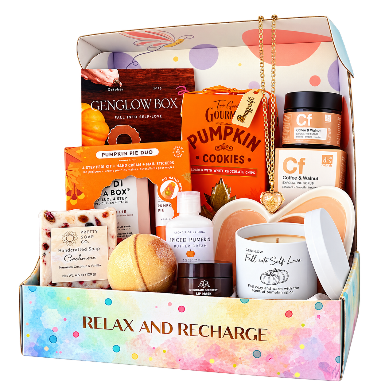 A past GenGlow fall box filled with seasonal self-care, beauty and wellness products.
